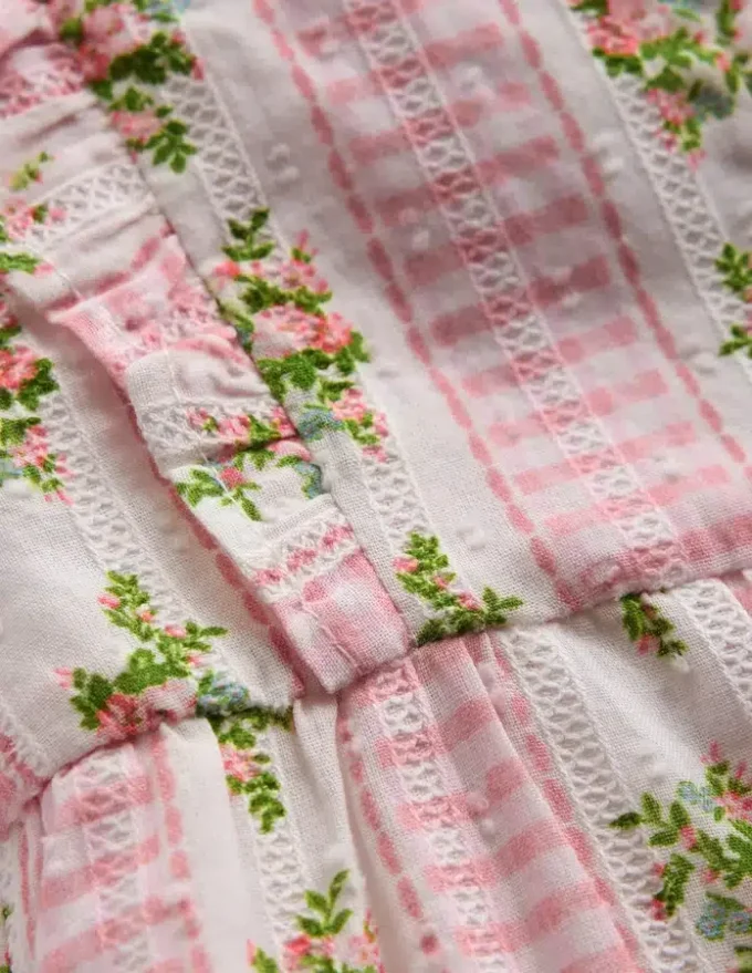 Short Frill Bubble Romper Pink Gingham Floral