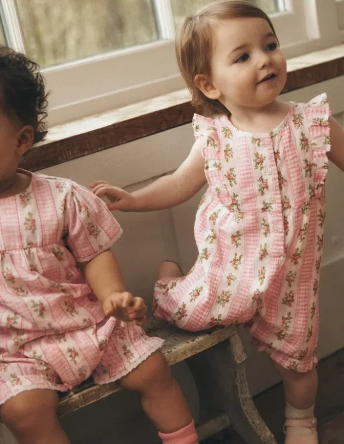 Short Frill Bubble Romper Pink Gingham Floral