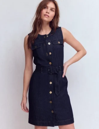 Short Gold Button Denim Dress Indigo