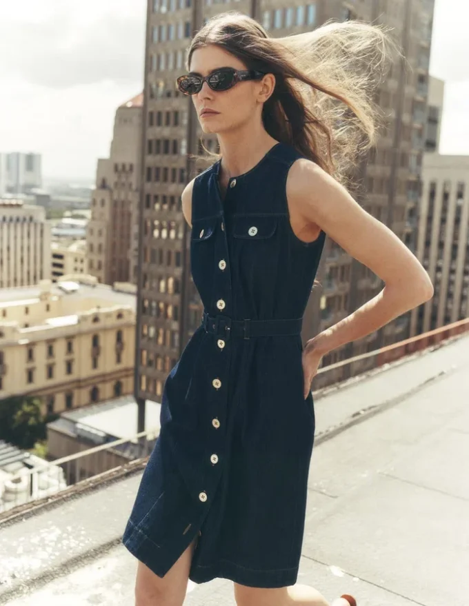 Short Gold Button Denim Dress Indigo Short Gold Button Denim Dress Indigo