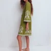 Short Kaftan Jersey Dress Khaki Embroidered Short Kaftan Jersey Dress Khaki Embroidered