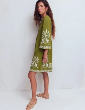 Short Kaftan Jersey Dress Khaki Embroidered