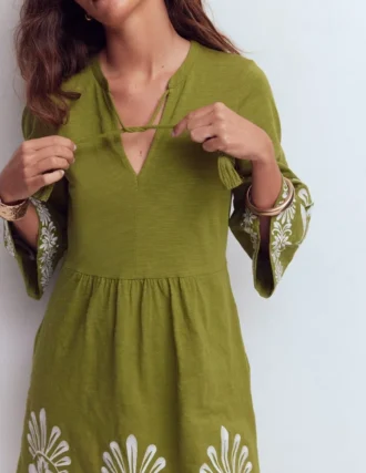 Short Kaftan Jersey Dress Khaki Embroidered