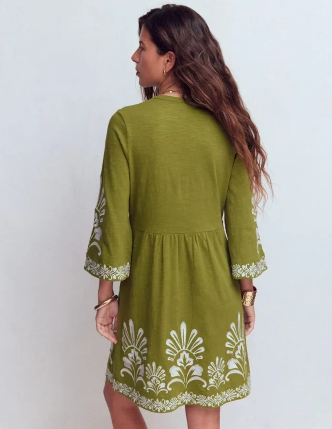 Short Kaftan Jersey Dress Khaki Embroidered Short Kaftan Jersey Dress Khaki Embroidered
