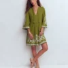 Short Kaftan Jersey Dress Khaki Embroidered Short Kaftan Jersey Dress Khaki Embroidered