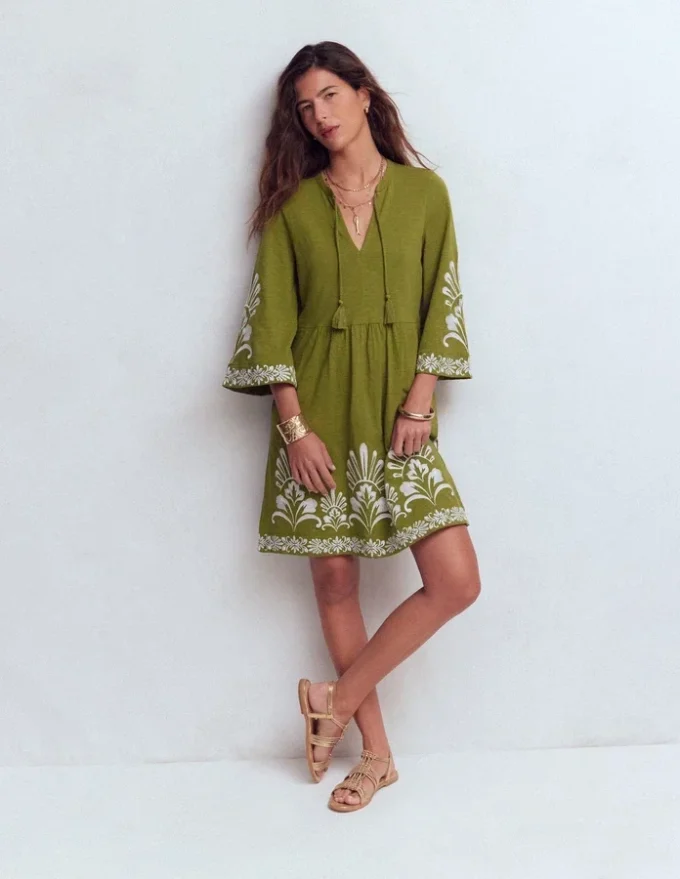 Short Kaftan Jersey Dress Khaki Embroidered Short Kaftan Jersey Dress Khaki Embroidered