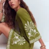 Short Kaftan Jersey Dress Khaki Embroidered Short Kaftan Jersey Dress Khaki Embroidered