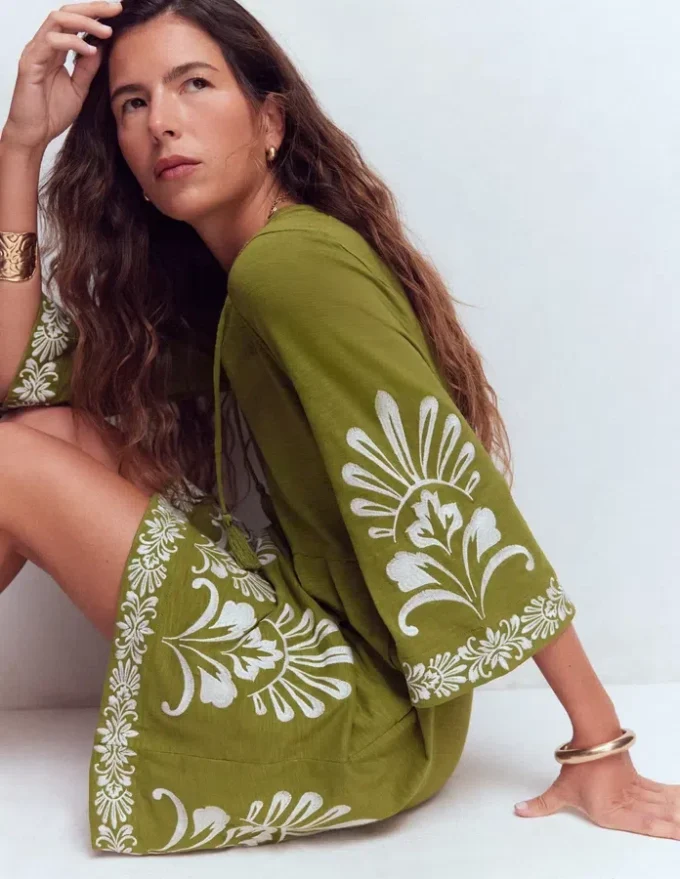 Short Kaftan Jersey Dress Khaki Embroidered Short Kaftan Jersey Dress Khaki Embroidered