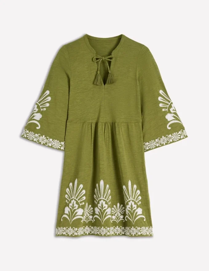 Short Kaftan Jersey Dress Khaki Embroidered Short Kaftan Jersey Dress Khaki Embroidered