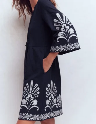 Short Kaftan Jersey Dress Navy Embroidered