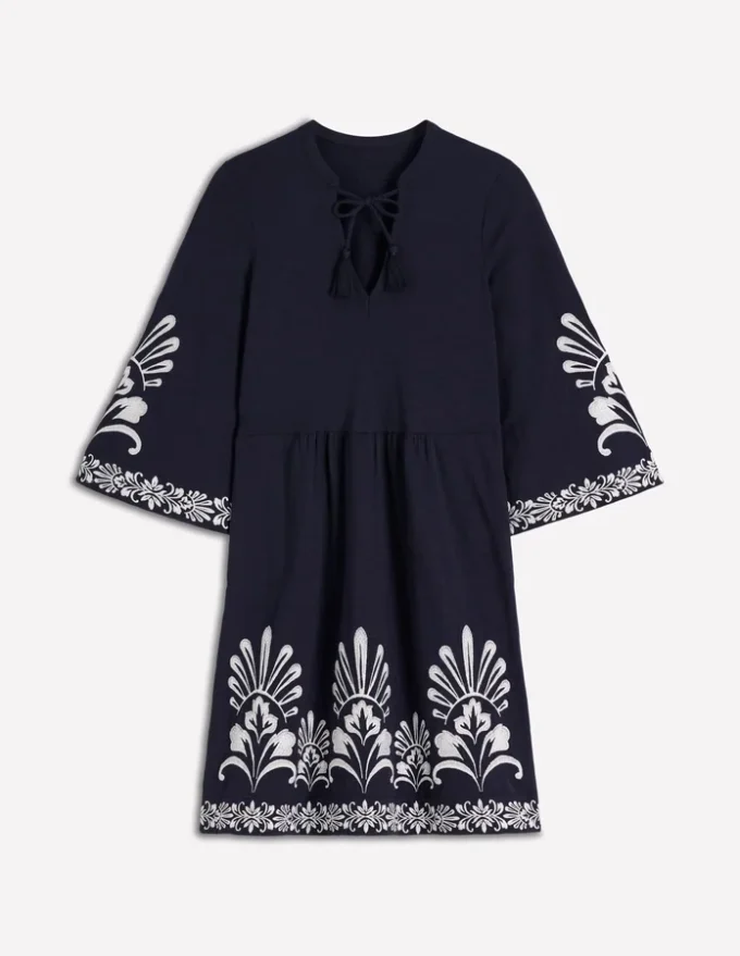 Short Kaftan Jersey Dress Navy Embroidered Short Kaftan Jersey Dress Navy Embroidered