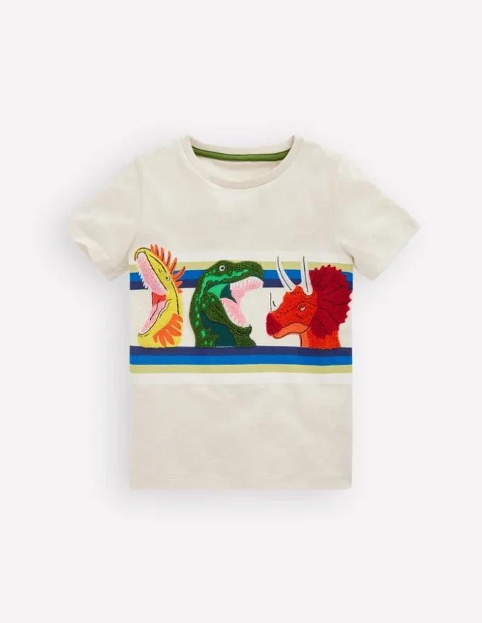 Short Sleeve Appliqué T-shirt Oatmeal Marl Dino Stripe Short Sleeve Appliqué T-shirt Oatmeal Marl Dino Stripe