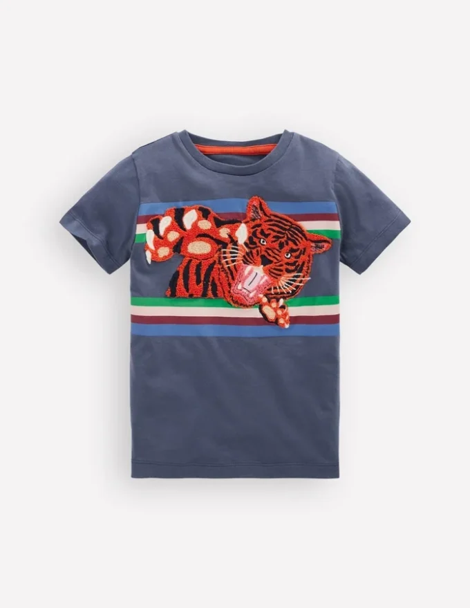 Short Sleeve Appliqué T-shirt Vintage Indigo Tiger Stripe Short Sleeve Appliqué T-shirt Vintage Indigo Tiger Stripe