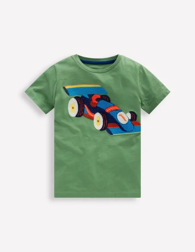 Short Sleeve Appliqué T-shirt Willow Green Race Car