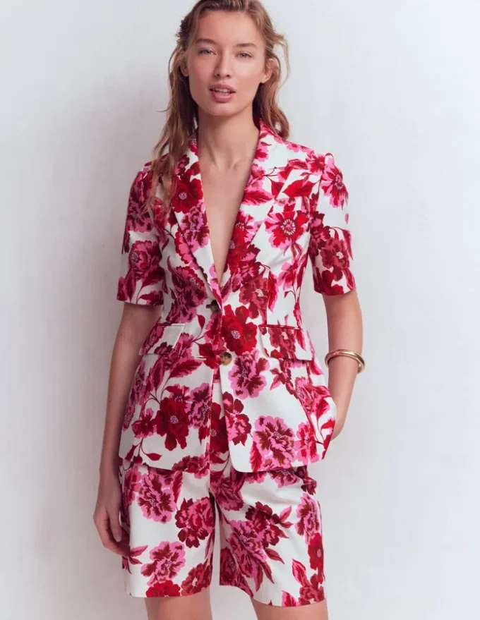 Short Sleeve Cotton Blazer Sangria Sunset, Floral Print Short Sleeve Cotton Blazer Sangria Sunset, Floral Print