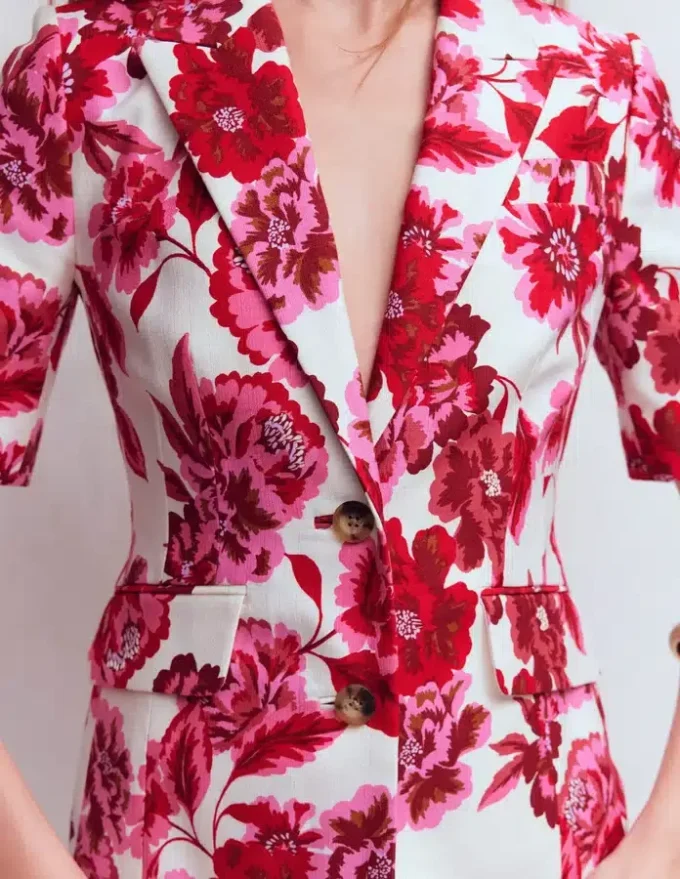 Short Sleeve Cotton Blazer Sangria Sunset, Floral Print Short Sleeve Cotton Blazer Sangria Sunset, Floral Print