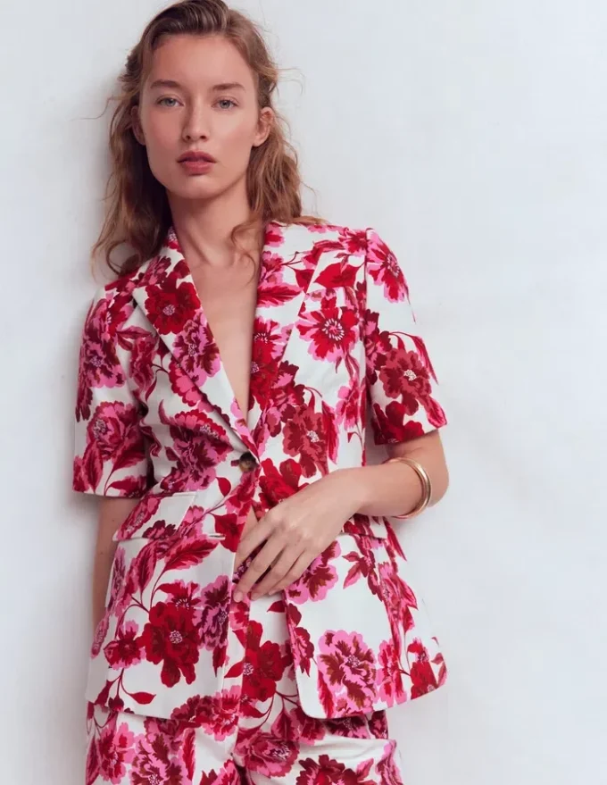Short Sleeve Cotton Blazer Sangria Sunset, Floral Print Short Sleeve Cotton Blazer Sangria Sunset, Floral Print