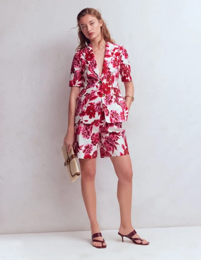 Short Sleeve Cotton Blazer Sangria Sunset, Floral Print Short Sleeve Cotton Blazer Sangria Sunset, Floral Print