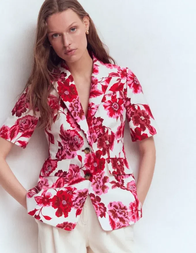 Short Sleeve Cotton Blazer Sangria Sunset, Floral Print Short Sleeve Cotton Blazer Sangria Sunset, Floral Print
