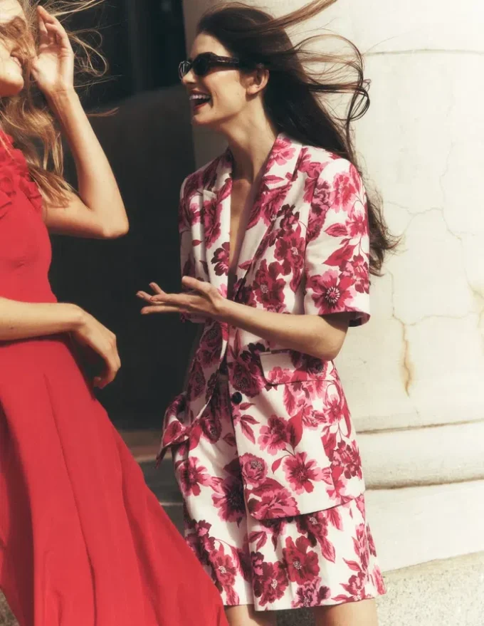 Short Sleeve Cotton Blazer Sangria Sunset, Floral Print Short Sleeve Cotton Blazer Sangria Sunset, Floral Print