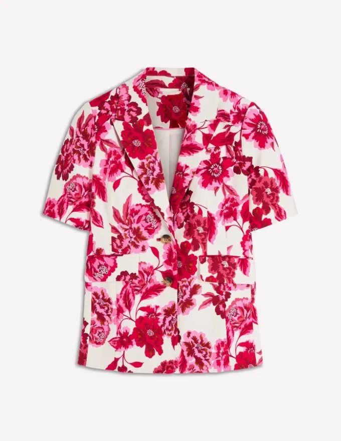 Short Sleeve Cotton Blazer Sangria Sunset, Floral Print Short Sleeve Cotton Blazer Sangria Sunset, Floral Print