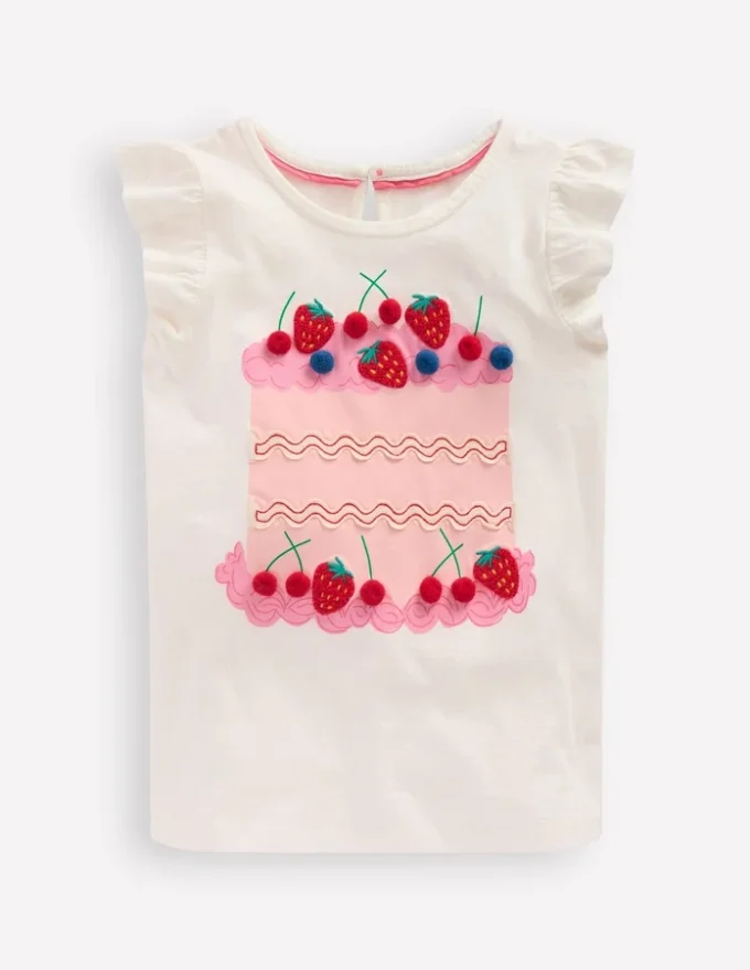 Short Sleeve Frill Logo Top Ivory Cake