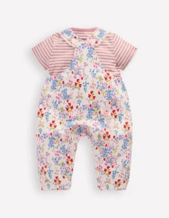 Short Sleeve Jersey Overalls Ivory Ditsy Meadow