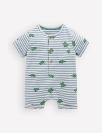 Short Sleeve Jersey Romper Blue Stripe Baby Turtles