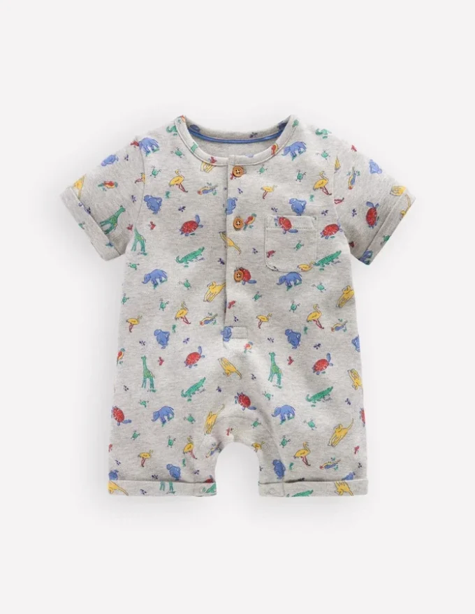 Short Sleeve Jersey Romper Grey Marl Jungle Animals Short Sleeve Jersey Romper Grey Marl Jungle Animals