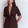 Short Sleeve Linen Blazer Bitter Chocolate