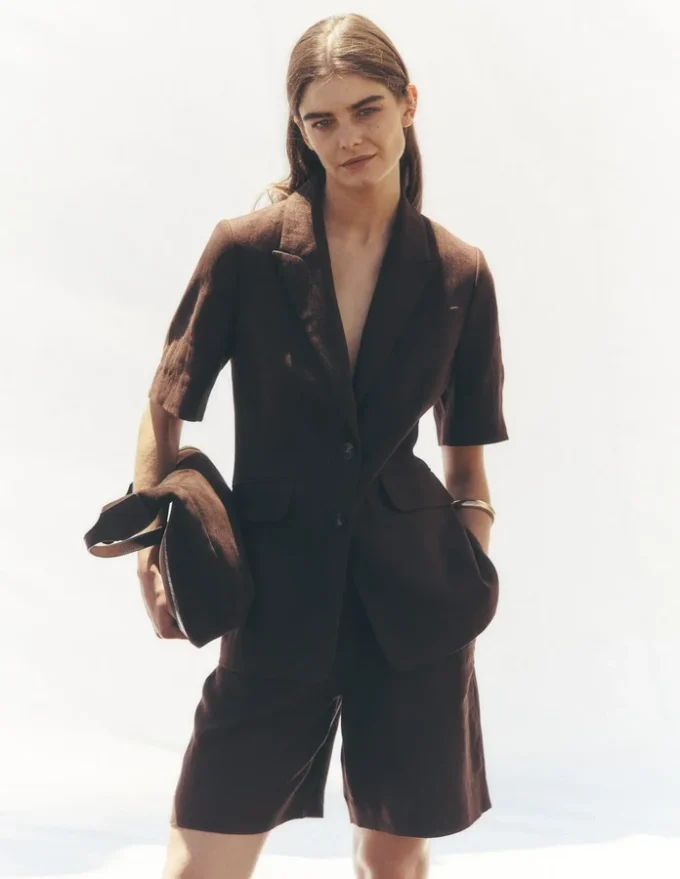 Short Sleeve Linen Blazer Bitter Chocolate