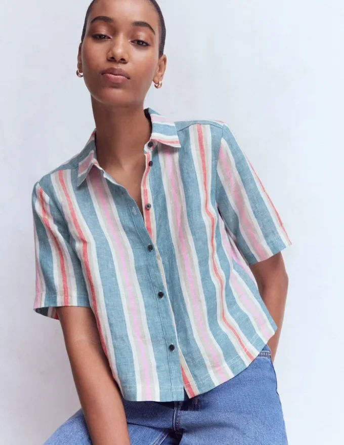 Short Sleeve Linen Shirt Multi Stripe