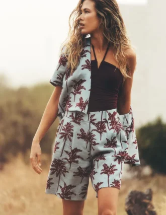 Short Sleeve Linen Shirt Seamist Blue, Palm Paradise