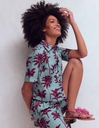 Short Sleeve Linen Shirt Seamist Blue, Palm Paradise