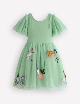Short Sleeve Logo Tulle Dress Green Jungle Animals