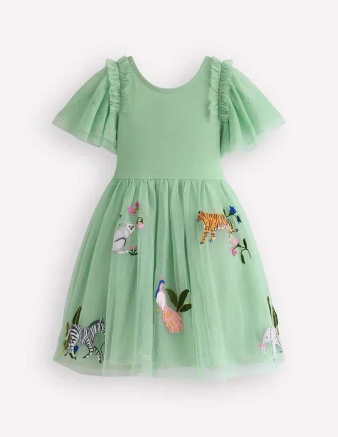 Short Sleeve Logo Tulle Dress Green Jungle Animals