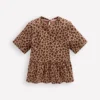 Short Sleeve Peplum Top Partridge Brown Leopard Print