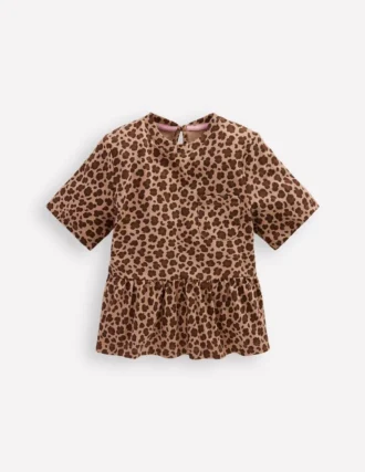 Short Sleeve Peplum Top Partridge Brown Leopard Print