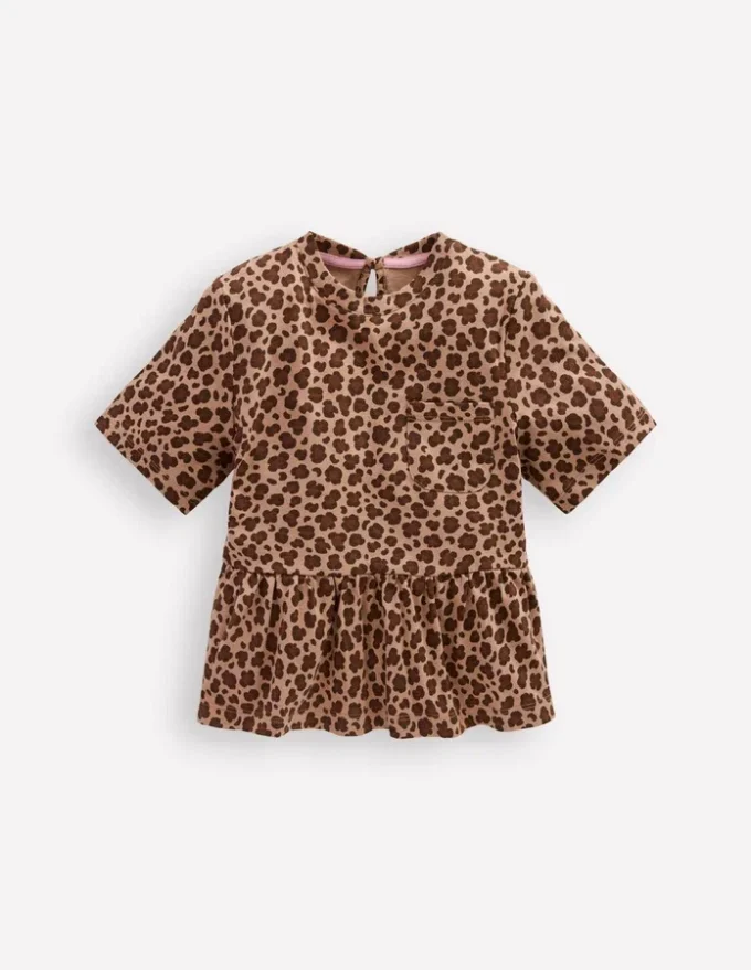 Short Sleeve Peplum Top Partridge Brown Leopard Print