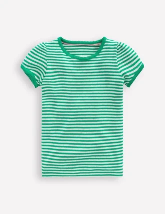 Short Sleeve Pointelle Top Green/Ivory Stripe
