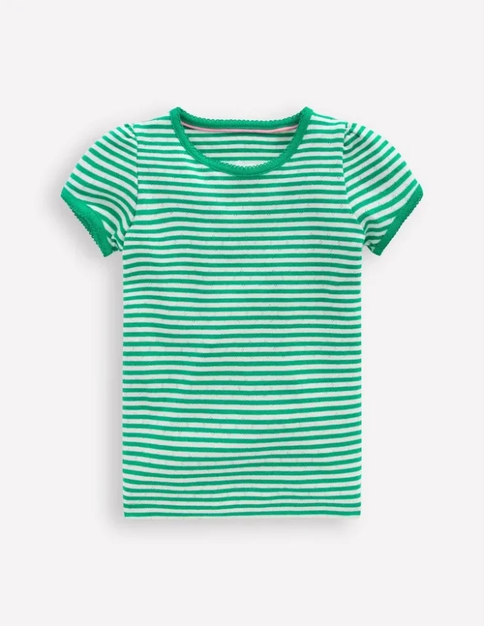 Short Sleeve Pointelle Top Green/Ivory Stripe