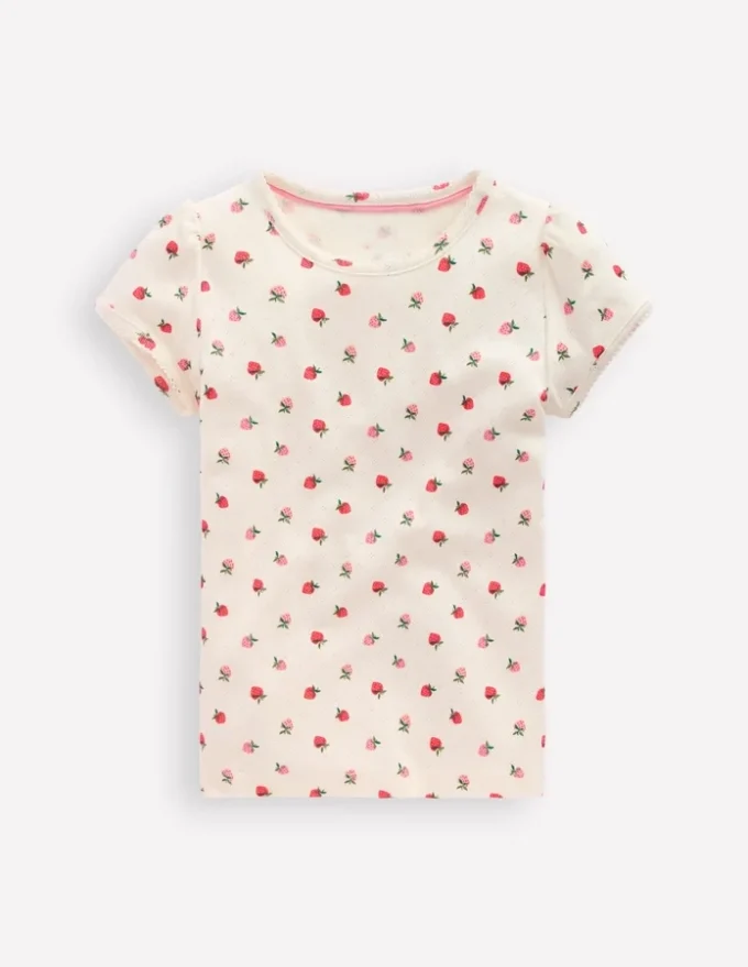 Short Sleeve Pointelle Top Ivory Strawberry