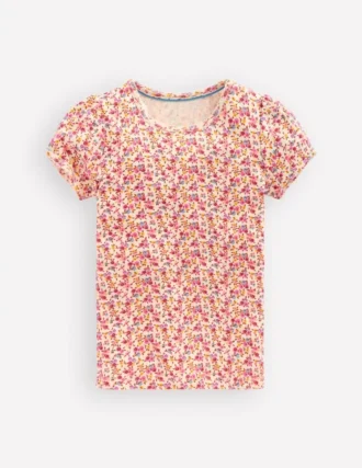 Short Sleeve Pointelle Top Neon Pink Ditsy Floral