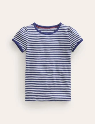 Short Sleeve Pointelle Top Soft Ivory/Starboard Blue