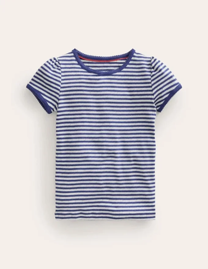 Short Sleeve Pointelle Top Soft Ivory/Starboard Blue