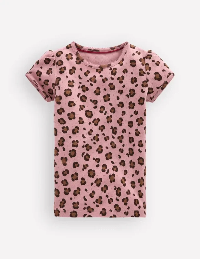 Short Sleeve Pointelle Top Vintage Pink Leopard