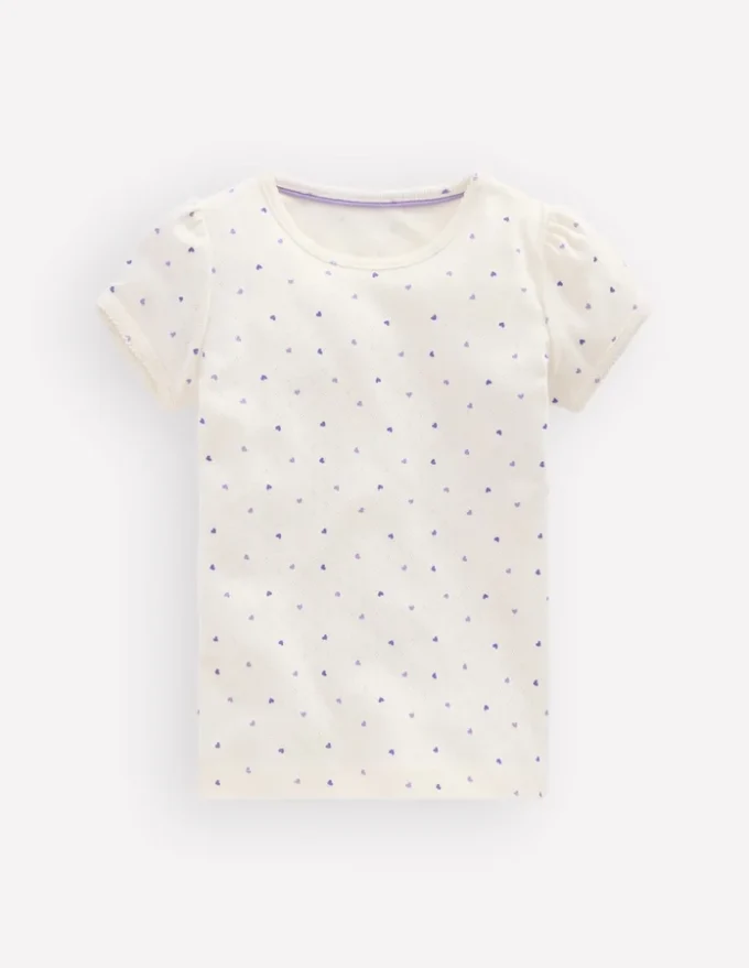 Short Sleeve Pointelle Top White Heart Spot