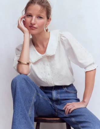 Short Sleeve Pretty Collar Top White