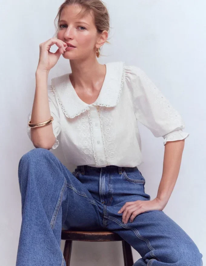 Short Sleeve Pretty Collar Top White Short Sleeve Pretty Collar Top White