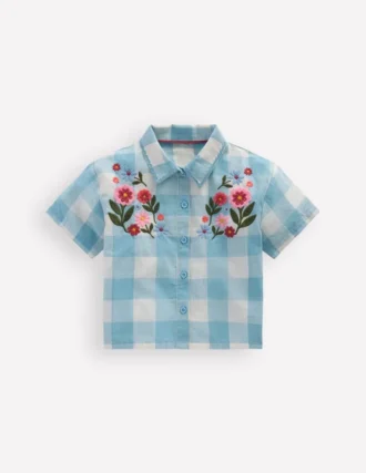 Short Sleeve Relaxed Shirt Blue Gingham Embroidery